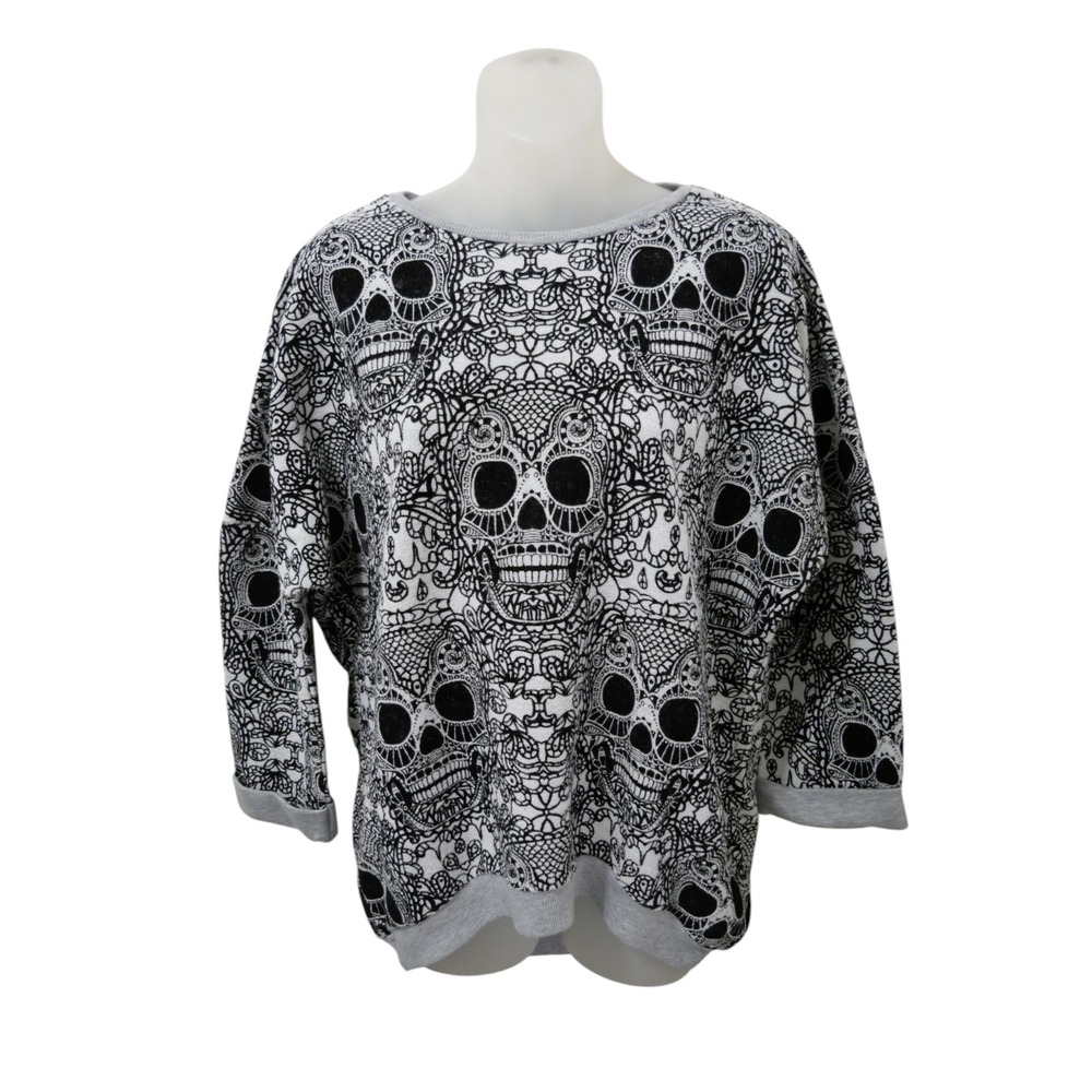 Topshop Black Flocked Sugar Skull Lace Waterfall Style Sweatshirt Jumper M